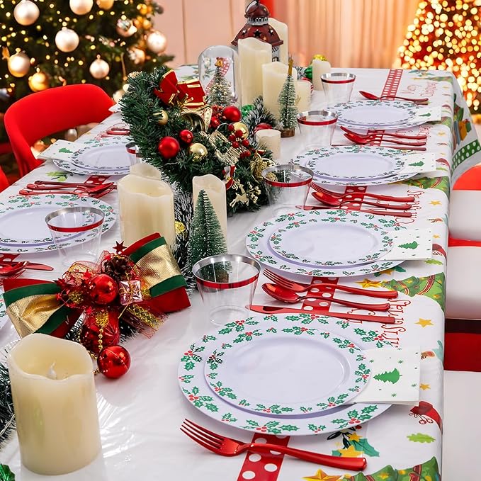 GATHER 176Pcs Christmas Plastic Plates - Green Christmas Plates Disposable and Red Cutlery Set Includes 50 Plate 75 Plastic Silverware 25 Cups 25 Napkins and 1 Tablecloths for Xmas Party