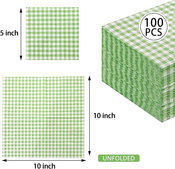 FLOWERCAT 100-Count 2-Ply Green Checkered Cocktail Napkins Gingham - Green and White Checkered Napkins Disposable Premium Quality - 5" x 5" Paper Napkins for Easter Party,Bar,Weddings