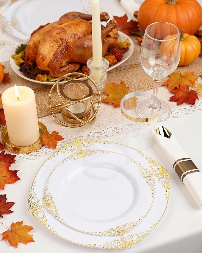Nervure 175PCS Gold Plastic Plates - Disposable White Gold Party Plates & Pre Rolled Napkins with Cutlery for 25 Guests, 50Plates, 75Silverware, 25Cups, 25Napkin for Wedding & Party & Thanksgiving
