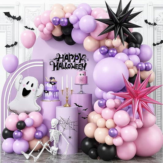 Pastel Halloween Balloon Arch Kit, Purple Pink Orange Black Balloons Garland with Cute Ghost Balloons Pink Explosion Star Foil Balloons for Girls Spooky Birthday Party BOO Halloween Party Decoration