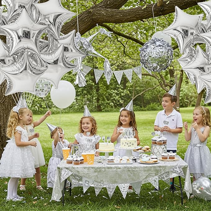 TONIFUL 15Pcs 18 Inch Large Silver Star Shape Foil Balloons Big Silver Stars Helium Mylar Ballons for Birthday Wedding Baby Shower Anniversary Engagement Party Decorations Supplies