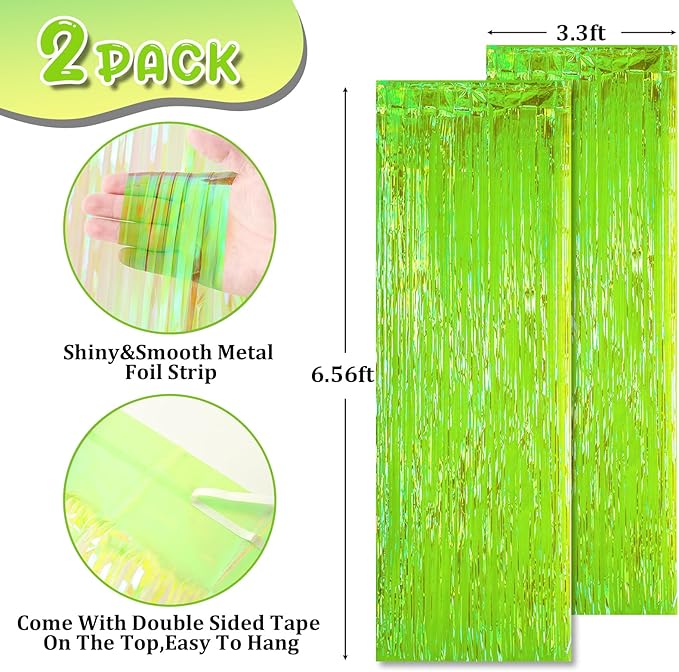 2 Pack Green Iridescent Tinsel Foil Fringe Curtains, Neon Party Decorations, Metallic Tinsel Party Streamers Backdrop for Birthday Baby Shower Halloween Wedding Party Decorations