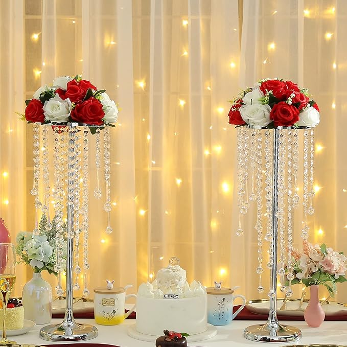 21.6in Wedding Center Stand, Silver Metal Flower Holders Centerpiece Vase with Crystal 2-Piece Charming Candle Holder,for Reception Tables Décor Wedding Anniversary Party Centerpieces