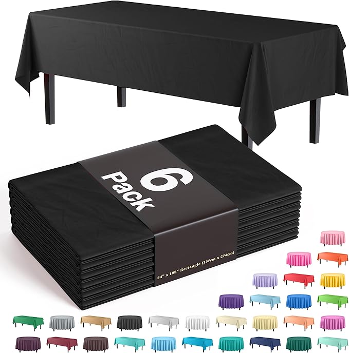 Party Solids 6-Pack Premium Plastic Tablecloth 54in. x 108in. Rectangle Plastic Table Cover - Black