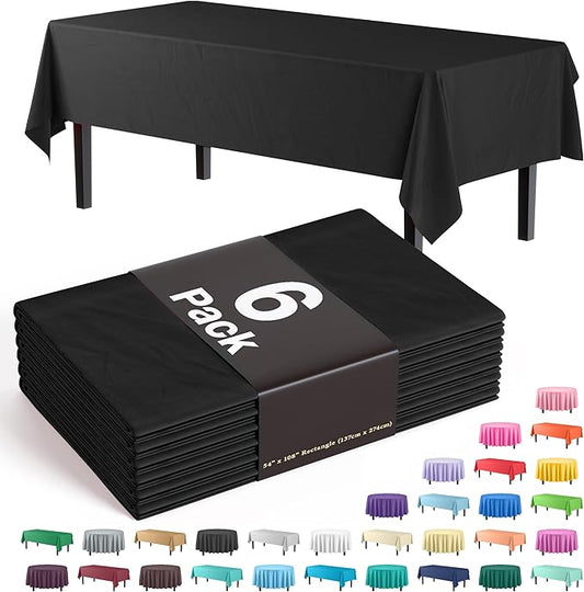 Party Solids 6-Pack Premium Plastic Tablecloth 54in. x 108in. Rectangle Plastic Table Cover - Black