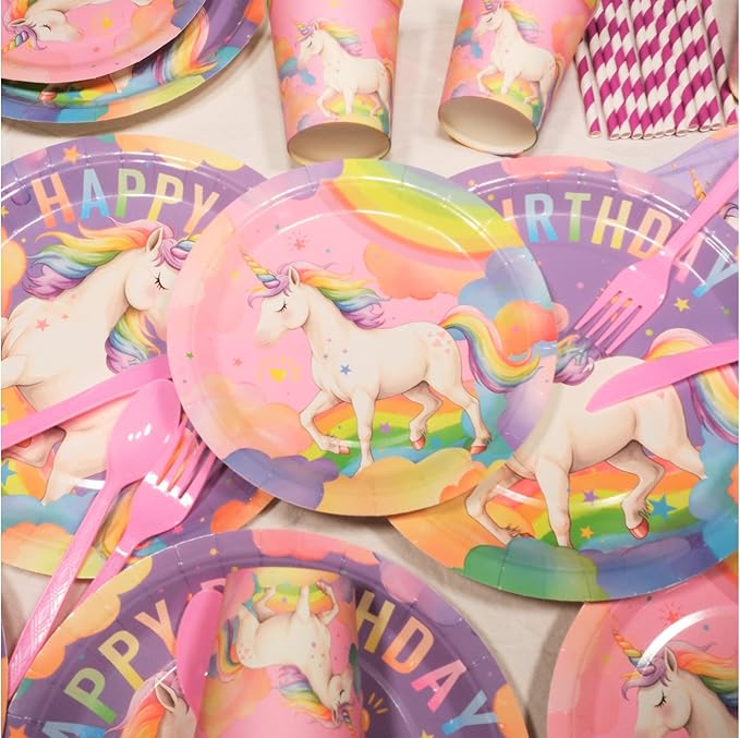 Unicorn Birthday Party Supplies Kit – 146 PCS Unicorn Party Decorations for 24 Guests, Includes Plates, Cups, Napkins, Banner, Cutlery, Tablecloth, Straws – Rainbow Theme for Girls & Boys