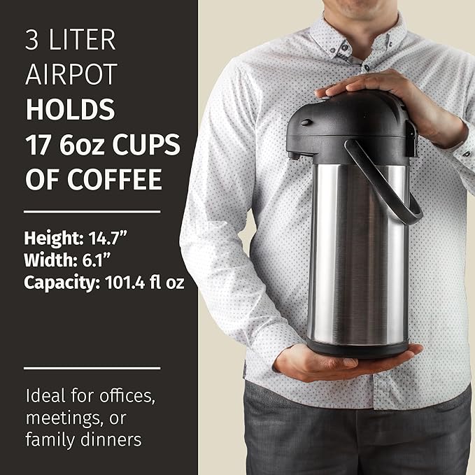 Cresimo Coffee Carafe for Keeping Hot 102oz Airpot Coffee Dispenser with Pump & Stainless Steel Table Tent Signs - 3L Airpots for Hot Beverages - Easy-to-use Insulated Coffee Carafe & Beverage Labels