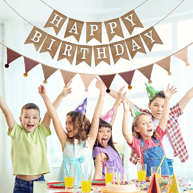 Burlap Happy Birthday Banner with Pennant Banner Flags for Birthdays Decorations, Brown Burlap Happy Birthday Signs Bunting for Men Women Boys Girls kids Neutral Celebration Party Backdrops