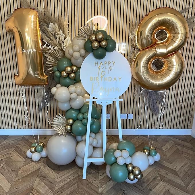 Sage Green and Gold Balloons, 60pcs 12 Inch Sage Green White Sand Balloon Set with Metallic Chrome Gold Confetti Latex Helium Balloons for Jungle Safari Forest Theme Birthday Graduation Party Supplies