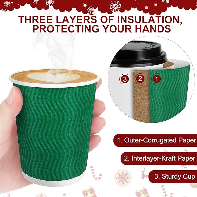 60 Pack 12 Oz Christmas Paper Coffee Cups with Black Lids Disposable Insulated Corrugated Ripple Wall Cup for Hot or Cold Drinks Office Home Travel Party Supplies