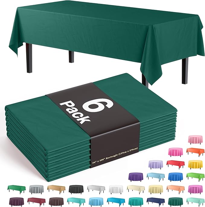 Party Solids 6-Pack Premium Plastic Tablecloth 54in. x 108in. Rectangle Plastic Table Cover - Dark Green