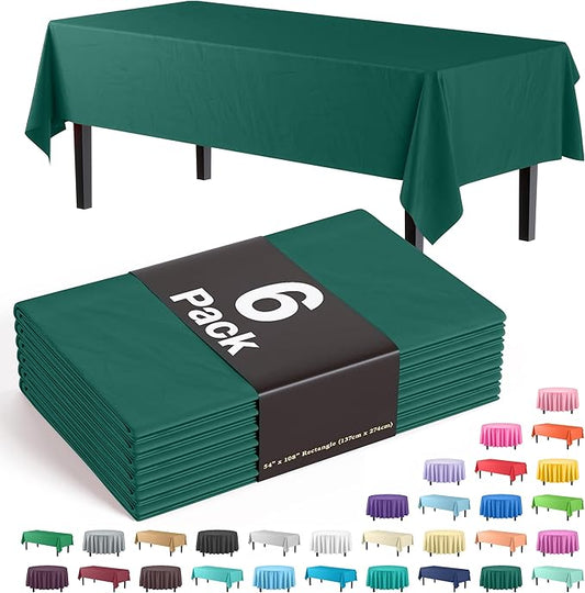 Party Solids 6-Pack Premium Plastic Tablecloth 54in. x 108in. Rectangle Plastic Table Cover - Dark Green