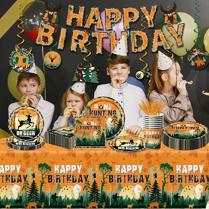 Hunting Birthday Party Decorations for Boys Oh Deer Hunting Party Plates and Napkins Camo Hunting Decor includes Cups tablecloth Banner for Gone Hunting Party Supplies