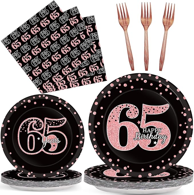 96 Pcs 65th Birthday Plates and Napkins Party Supplies Happy 65th Birthday Decorations Rose Gold and Black 65 Years Old Tableware Set for Women Men Party Favors for 24 Guests