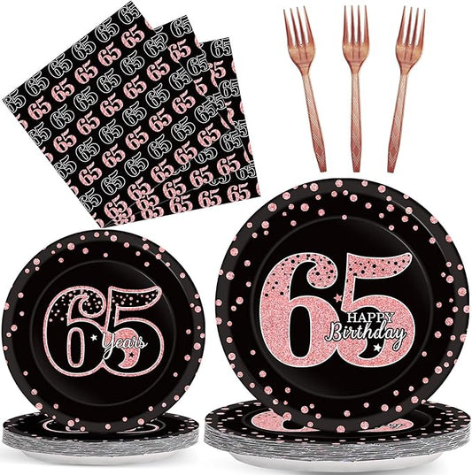 96 Pcs 65th Birthday Plates and Napkins Party Supplies Happy 65th Birthday Decorations Rose Gold and Black 65 Years Old Tableware Set for Women Men Party Favors for 24 Guests