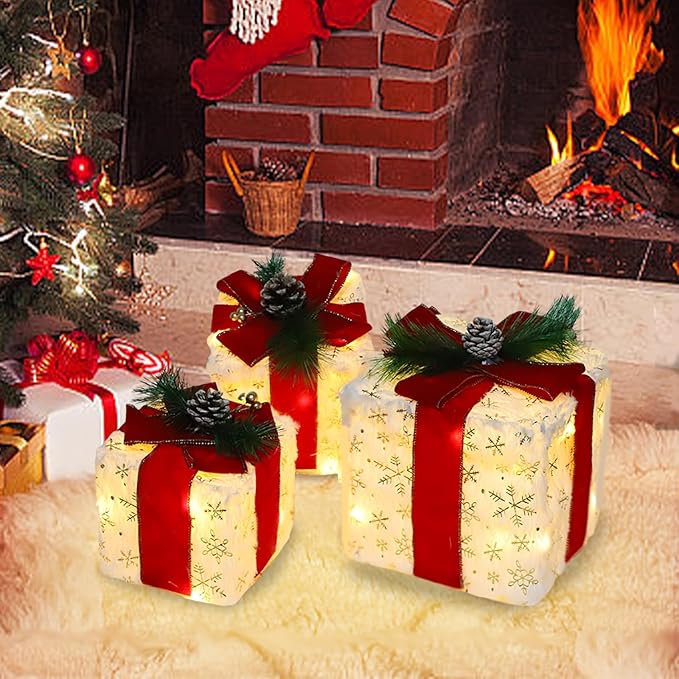 MorTime Christmas Lighted Boxes with Bows, Set of 3 Plush Gift Boxes with Gold Snowflake Pinecone Berry, Present Boxes with 60 LEDs for Christmas Decorations