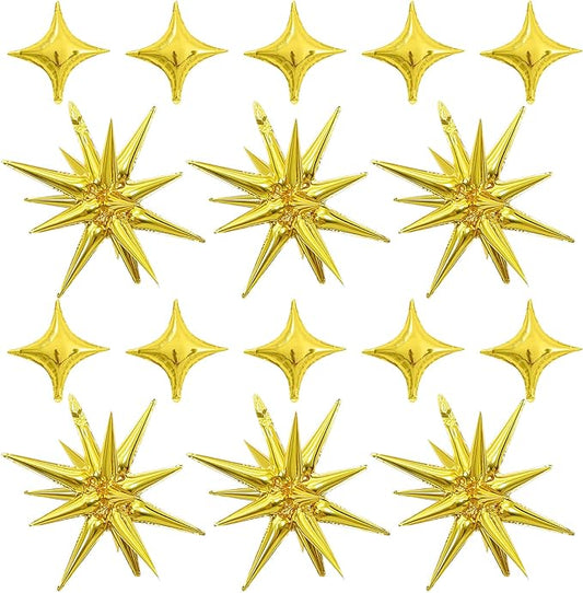Gold Star Balloon,Gold 6Pcs 22Inch Explosion Star Balloons and 10Pcs 10Inch Four Angle Balloons Kit for Birthday Graduation Anniversary Baby Shower Wedding Party Decorations