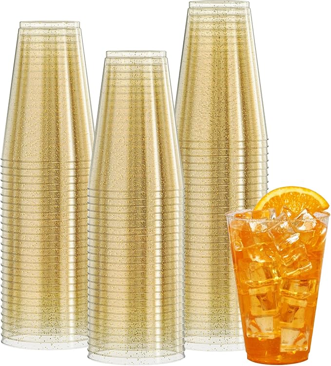 Vplus 100 Count 14 OZ Gold Glitter Heavy Duty Large Plastic Cups, Disposable Plastic Glasses Tumblers, Elegant Wedding Birthday Thanksgiving Party Cups