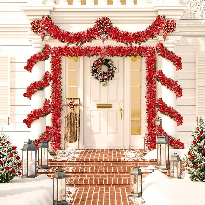 50Ft Christmas Tinsel Garland, Red Metallic Twist Garland for Xmas Tree Decorations, Tinsel for New Year Party Ceiling Hanging Decorations Indoor and Outdoor Decor Supplies