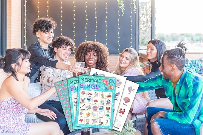 Mermaid Bingo Cards, Mermaid Bingo Games for 24 Players, Under The Sea Party Games for Family Friends Large Group Activities, Ocean Themed Birthday Party Supplies Decorations(31)