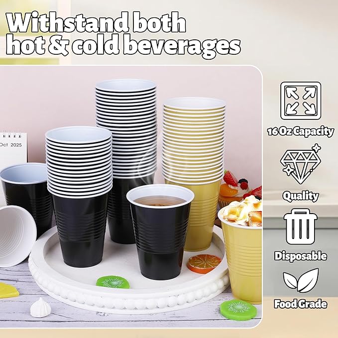 50 Pack 16 Ounce Disposable Plastic Cups Black and Gold Plastic Party Cups Heavy Duty Drinking Cup Bulk for Party Graduation Wedding Birthday Halloween Festival Supplies