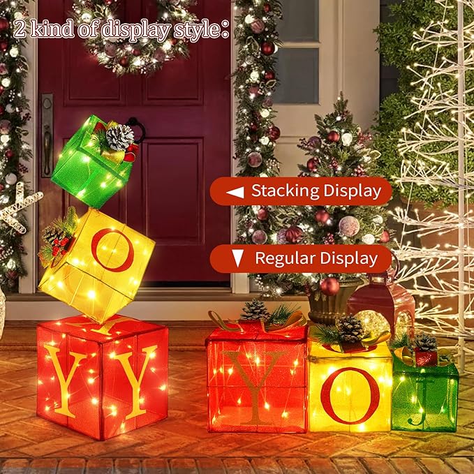 Christmas Joy Lighted Gift Boxes Decorations Set of 3, 2.8Ft Stackable Christmas Nesting Boxes Battery Operated for Home and Party Decoration