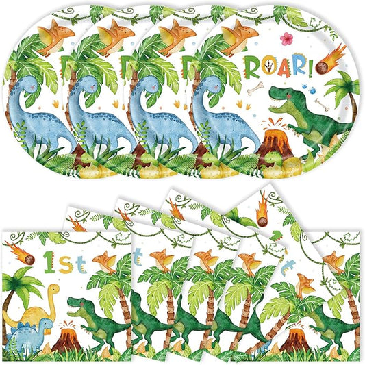 40pcs Watercolor Dinosaur Paper Plates and Napkins Party Supplies, 9 Inch Disposable Dinosaur Birthday Plates and Napkins Tableware Set for Kids Boys Birthday Decorations Serves 20