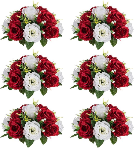 NUPTIO Artificial Flower Centrepieces for Tables - 6 Pcs Crimson & White Fake Flowers Roses Balls 9.5in Diameter - Silk Faux Rose Arrangement for Wedding Party Centerpiece Table Decorations