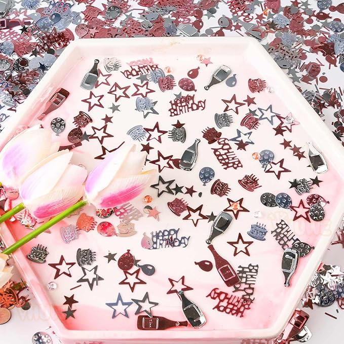 VHUWE Happy Birthday Confetti, 1.6 oz Rose Gold Silver Cake Balloon Star Goblet Bottle Glitter Confetti for Happy Birthday Party Decorations Boys Girls Kids Women Men Birthday Table Decorations