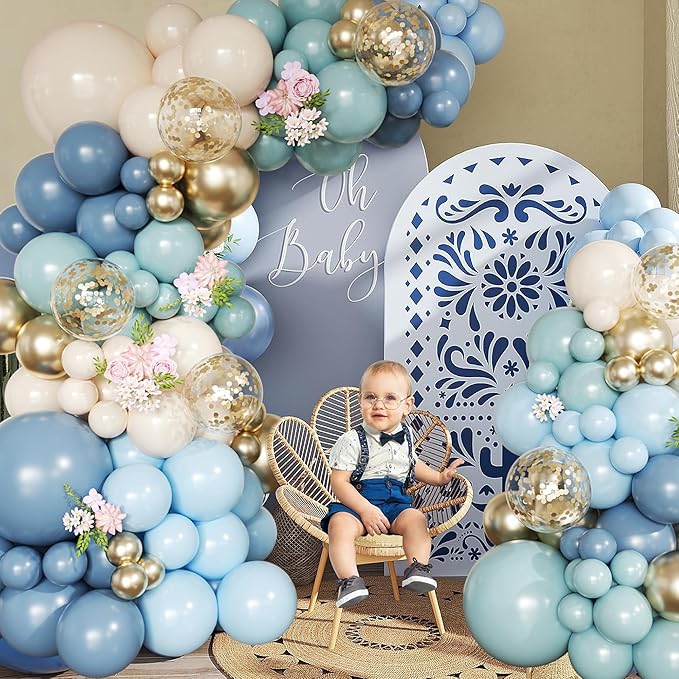 Dusty Blue Balloon Arch Kit, 148Pcs Retro Blue Macaron Blue Dusty Blue White Sand Gold Confetti Balloons for Baby Bridal Shower Wedding Engagement Birthday Party Decorations