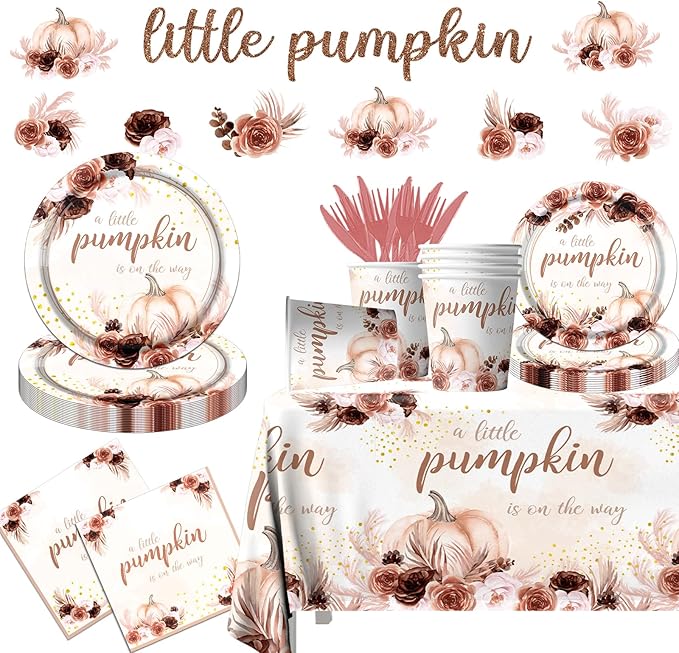 Little Pumpkin Baby Shower Decorations,142PCS Fall Baby Shower Tableware Decorations Include Disposable Little Pumpkin Plates Cups Napkins Tablecloth for Little Pumpkin is On The Way Baby Shower, Boy Girl Little Pumpkin 1st Birthday Party Supplies