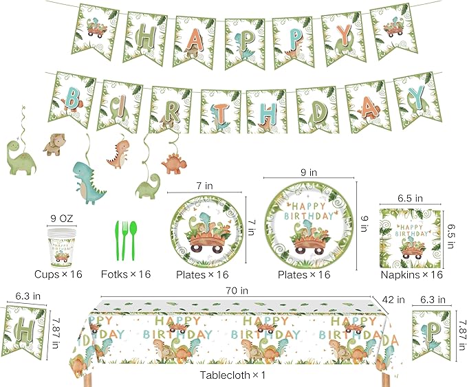 Dinosaur Birthday Party Supplies Kit – 88 PCS Dino Party Decorations for 16 Guests, Includes Plates, Cups, Napkins, Banner, Cutlery, Tablecloth, Hanging Swirls – Jurassic Dino Theme for Boys & Girls