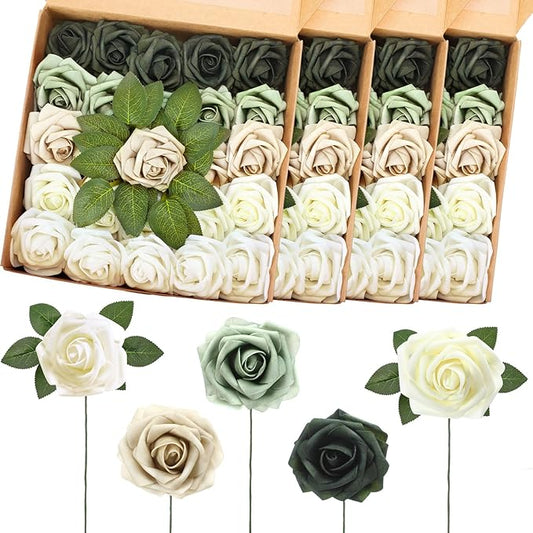 100 Pieces Artificial Foam Rose Flowers Faux Bouquet with Leaves and Stems for DIY Wedding Bouquets Centerpieces Bridal Shower Party Valentine Home Decorations (Shades of Emerald)
