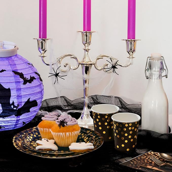 Black and Gold Party Supplies - 350 PCS Disposable Dinnerware Set - Black Paper Plates Napkins Cups, Gold Plastic Forks Knives Spoon for Halloween, Graduation, Birthday, Cocktail Party