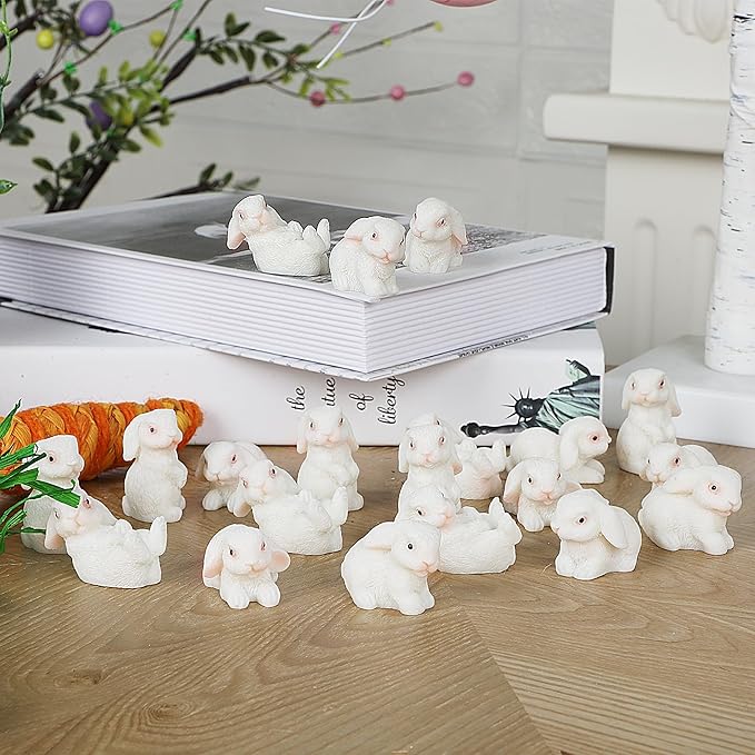 DR.DUDU 24 PCS Mini Bunnies Easter Decor - Mini Resin Animals Rabbits, Miniature Figurines Tiny Animals to Hide, for Easter Egg Filler Stuffers DIY Crafts Fairy Gardens Table Decor (White)