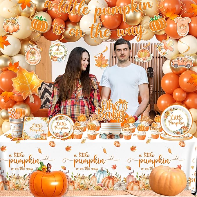 Fall Little Pumpkin Baby Shower Decorations,Fall Plates and Napkins Party Supplies with Pumpkin Plates,Napkins,Banner,Balloons,Cutlery,Yellow Tablecloth for 24 Guests Thanksgiving Festival