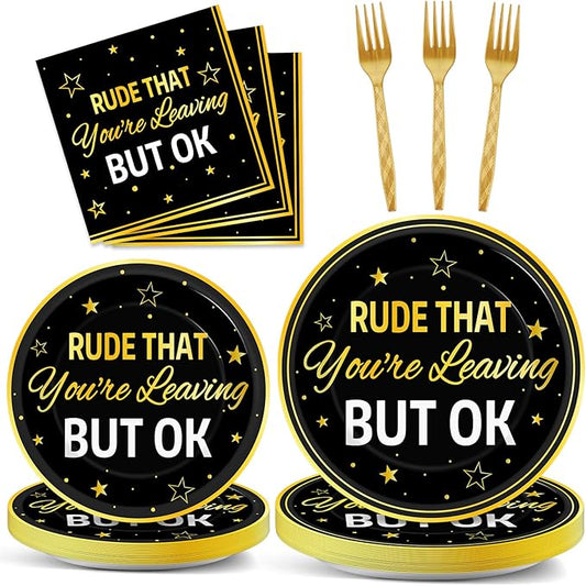 ZOIIWA 96 Pcs Rude That You’re Leaving But OK Party Supplies Set for 24 Guests Coworker Leaving Farewell Tableware Plates Dinnerware Table Decorations for Goodbye Going Away Retirement Party Favors