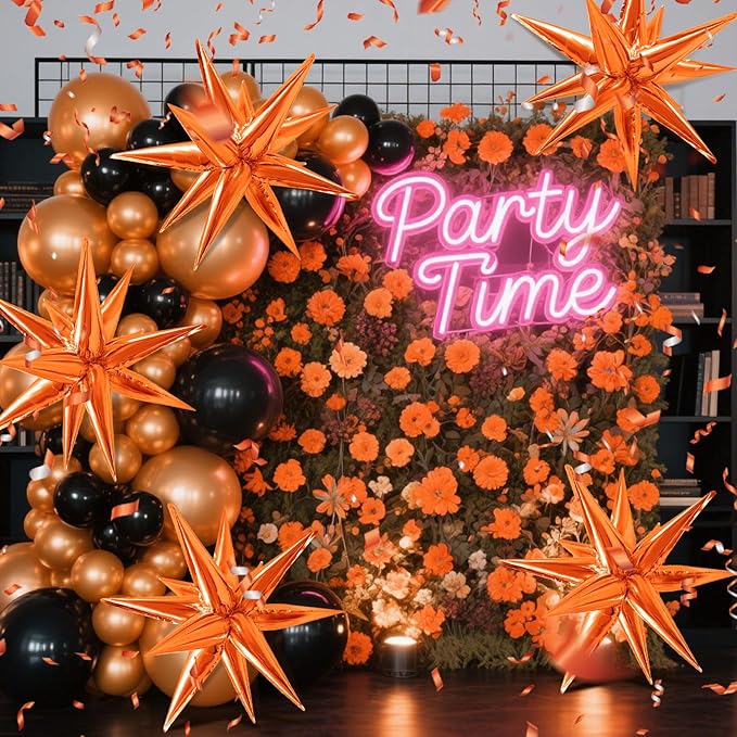 60Pcs Orange Star Balloons Foil Explosion Mylar Balloon 12 Point Spike Ballons Metallic Photo Backdrops for Christmas Halloween Thanksgiving Wedding Anniversary Birthday Fall Theme Party Decorations