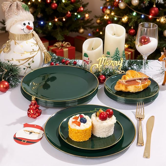 WDF 300Pcs Green Plates Disposable - Heavy Duty Green Plates - 50Guest Christmas Plastic Dinnerware Include 50 Dinner Plate, 50 Dessert Plate, 150 Cutlery & 50 9oz Cups for Christmas Parties