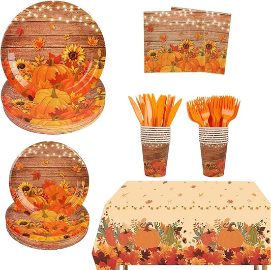 182pcs Fall Paper Plates and Napkins Set,Watercolor Fall Party Supplies Disposable Dinnerware for Autumn Leaves Thanksgiving Party Decorations,Serve 30 Guests