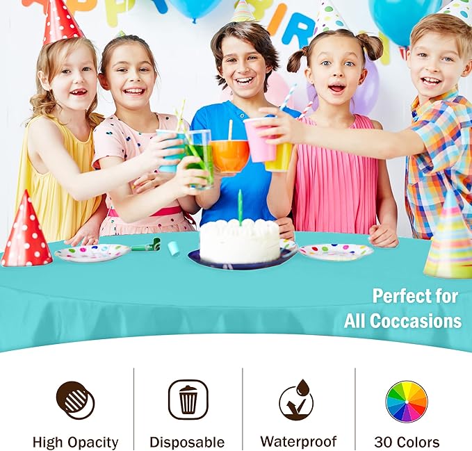 Party Solids 6-Pack Premium Plastic Tablecloth 84in. Round Plastic Table Cover - Aqua…