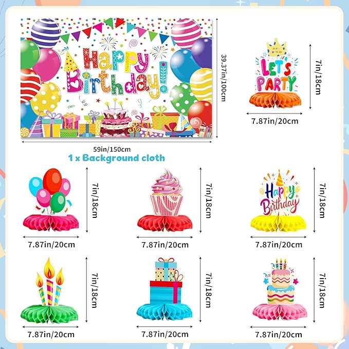 Happy Birthday Decorations- 170pcs Birthday Party Supplies Kit with Colorful Honeycomb Centerpieces for Tables, Banner, Backdrop Cloth, Disposable Tableware Kit for Boys Girls, Serves 20