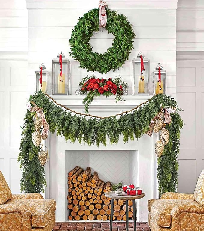 Artificial Christmas Cedar Garland, 6 Ft Realistic Cypress Pine Greenery for Indoor Outdoor Holiday Decoration, Mantel, Fireplace