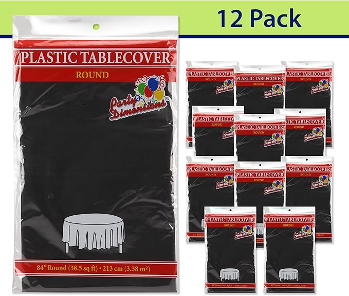 Party Dimensions Black Disposable Plastic Tablecloth for Round Tables (12 Pack) 84 inches Table Cloths for Parties, Events & Weddings, Indoors & Outdoors, Plastic Table Cover