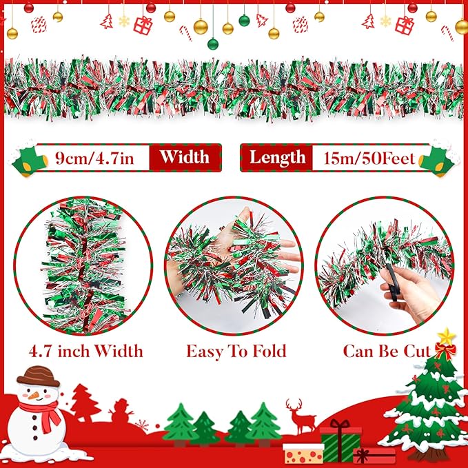 50Ft Christmas Tinsel Twist Garland, Metallic Twist Garland Tree Decorations for Christmas Tree New Year Party Birthday Holiday Supplies Indoor and Outdoor Decoration (Red Green Silver)