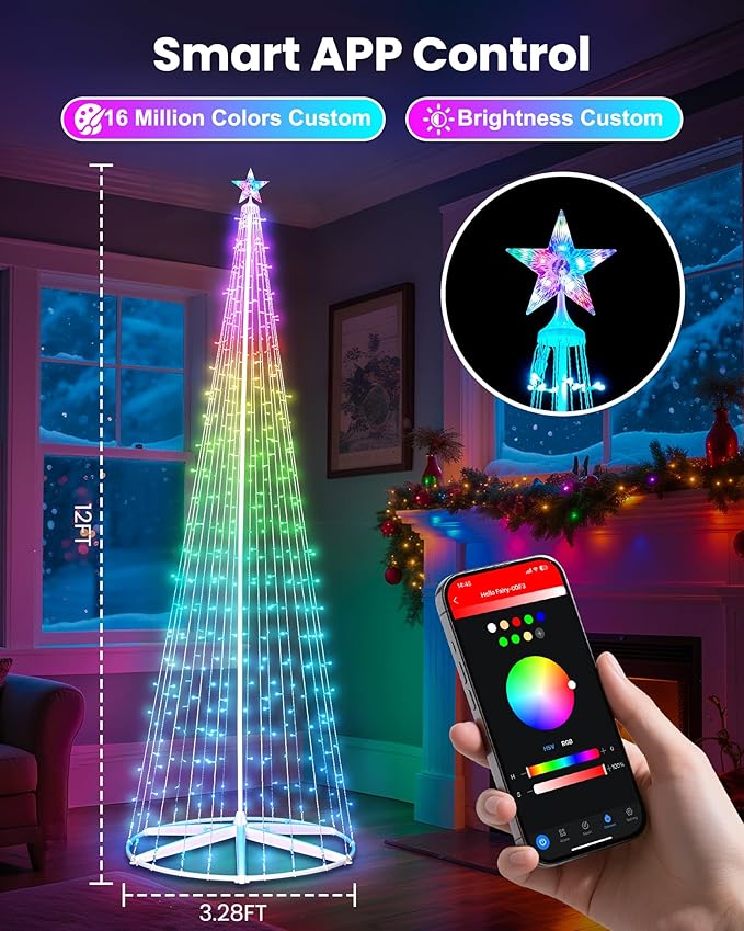 Brightown 12FT Outdoor Christmas Cone Tree Light, 443 LED Music Sync with Smart APP, Remote and Local Control, Pattern and Text Displayable, 16 Million Colors Light Show Tree for Indoor Decorations