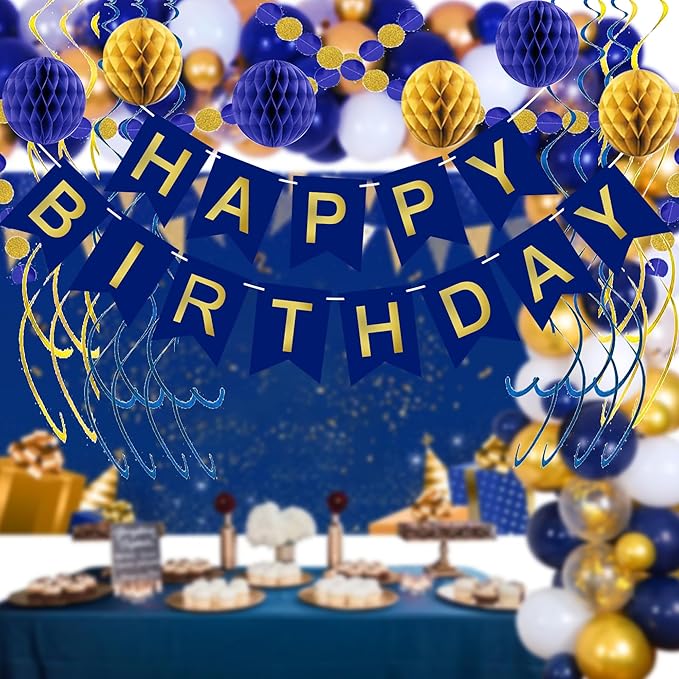 Blue Birthday Decorations, Happy Birthday Banner with Honeycomb Balls, Circle Dot Garland and Hanging Swirl Decorations for Women Men Boys Girls (Blue Gold)