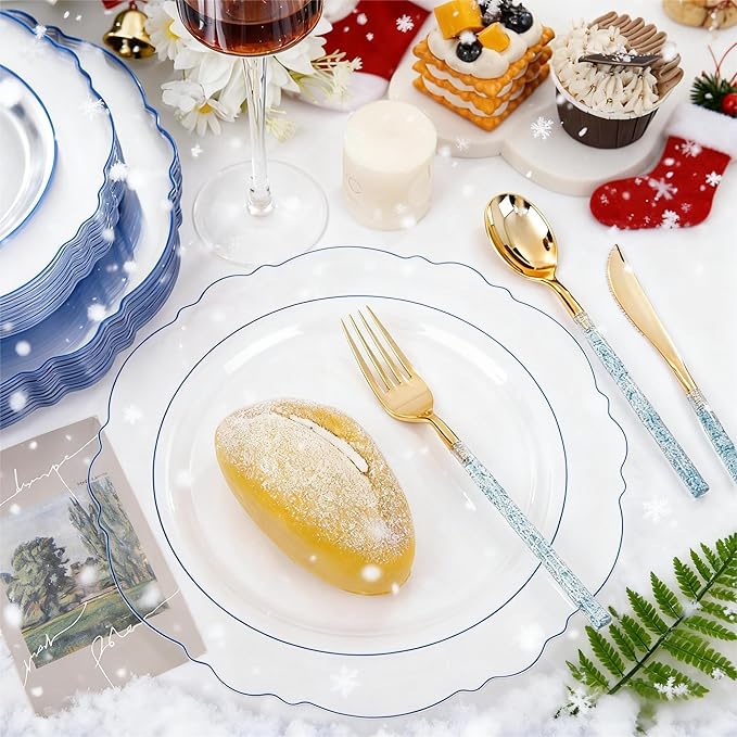 Liacere 150PCS Clear and Blue Plastic Plates-Clear and Blue Disposable Plates with Glitter Bamboo Handle Cutlery-60 Baroque Elegant Plates, 30 Forks, 30 Spoons, 30 Knives for Wedding＆Back to School