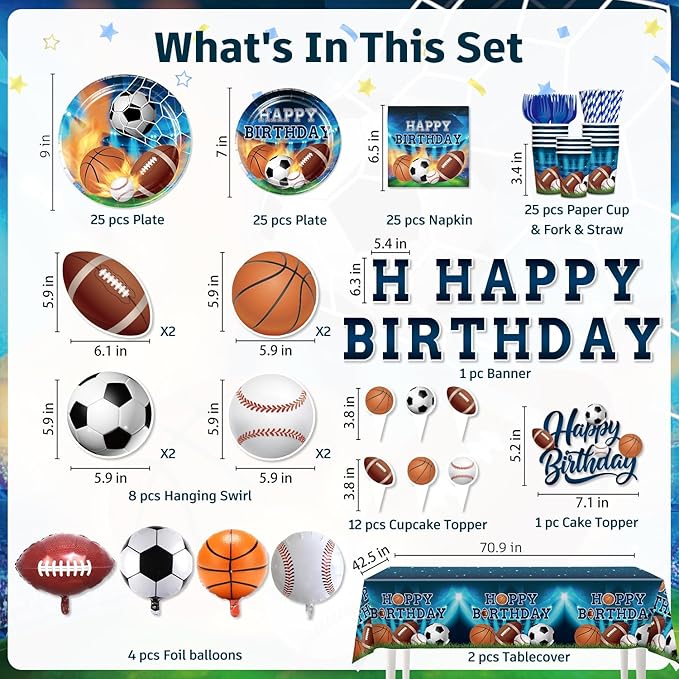 186Pcs Sports Birthday Party Decorations- Amp Up Your Sports Themed Party for 25 Guests. Includes Banner, Plates, Tablecloth, Cupcake Toppers and Aluminum Balloons for Boy Birthday Party Decorations
