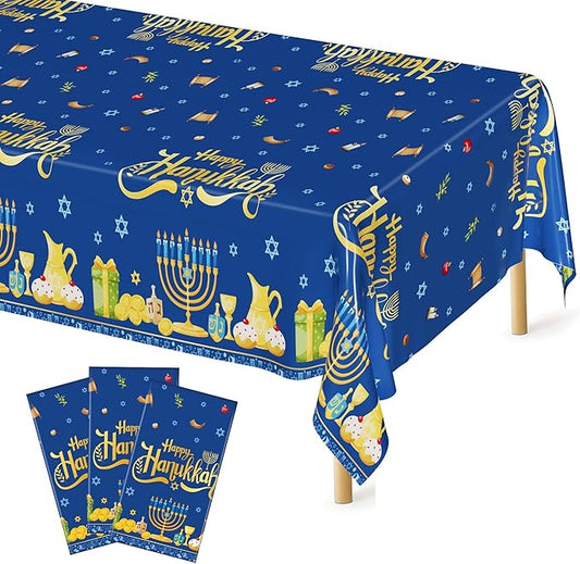 3 PCS Hanukkah Decorations, 108" x 54" Blue Gold Hanukkah Tablecloth, Disposable Happy Chanukkah Plastic Tablecloth, Lights Candles Design Rectangle Chanukkah Tablecovers for Jewish Festival Supplies